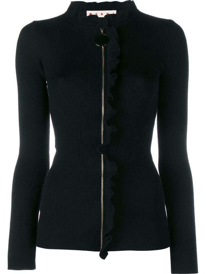 Marni Ribbed Wool Frill Cardigan, Women's, Size: 46, Black, Virgin Wool