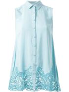 Guild Prime Lace Hem Button Down Sleeveless Shirt, Women's, Size: 36, Blue, Rayon