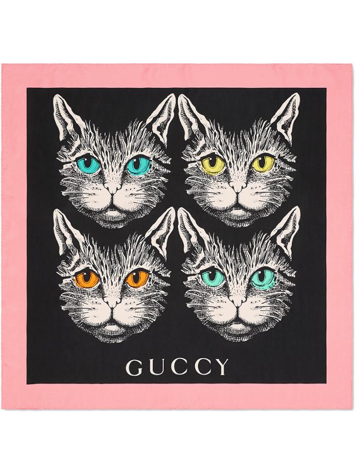 Gucci Mystic Cat Print Silk Scarf - Black