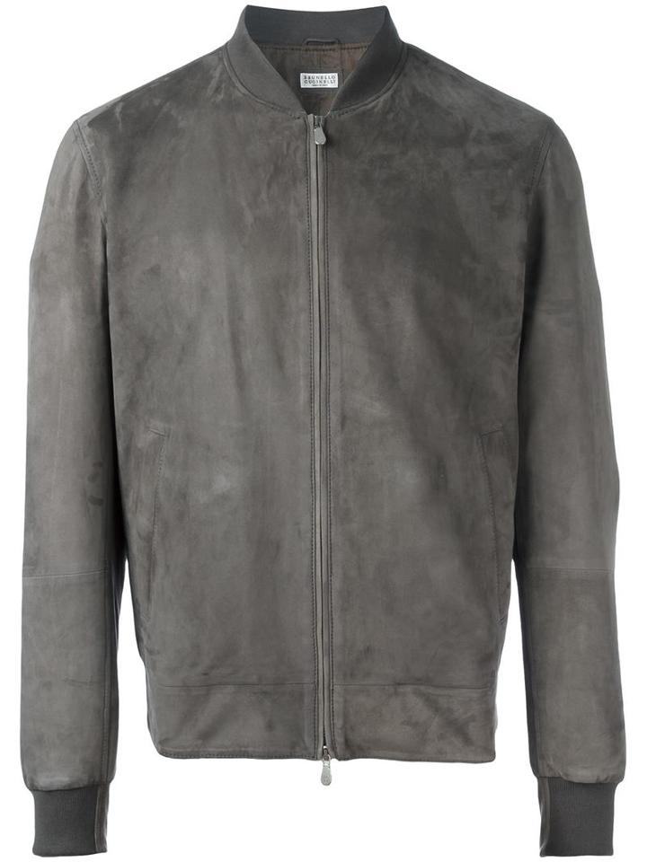 Brunello Cucinelli Zipped Bomber Jacket, Men's, Size: Large, Grey, Suede/nylon