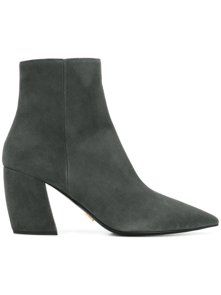 Prada Pointed Toe Chunky Heel Boots - Grey