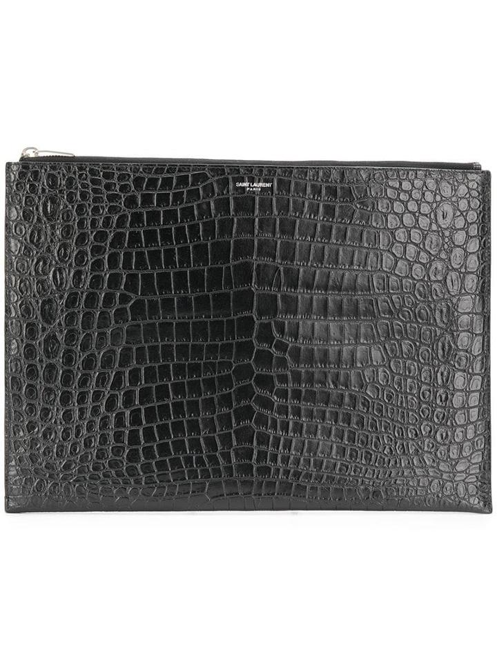 Saint Laurent Embossed Crocodile-effect Clutch - Black