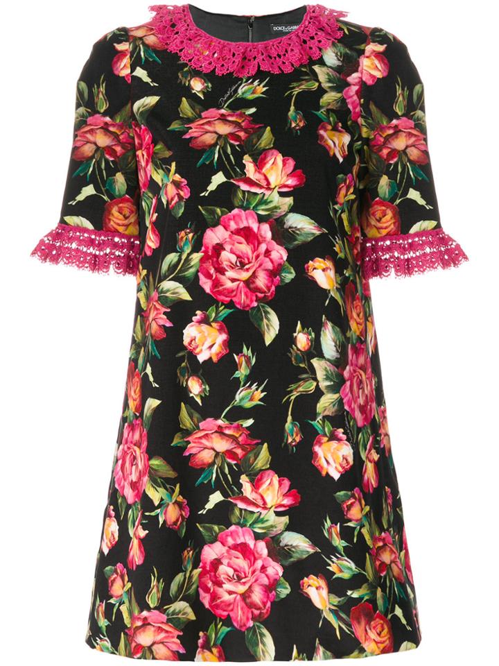 Dolce & Gabbana Rose Printed Frill Trim Dress - Black