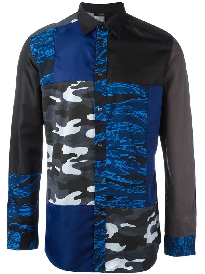 Diesel Camouflage Patchwork Shirt, Men's, Size: Small, Black, Cotton/nylon
