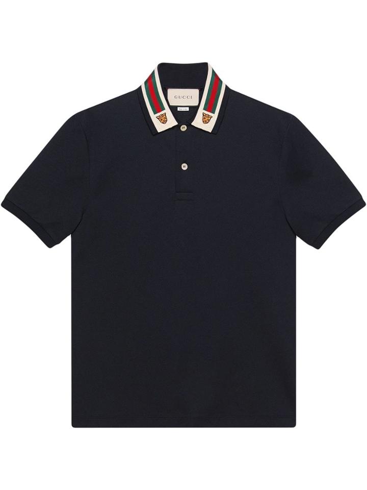 Gucci Cotton Polo With Web And Feline Head - Black