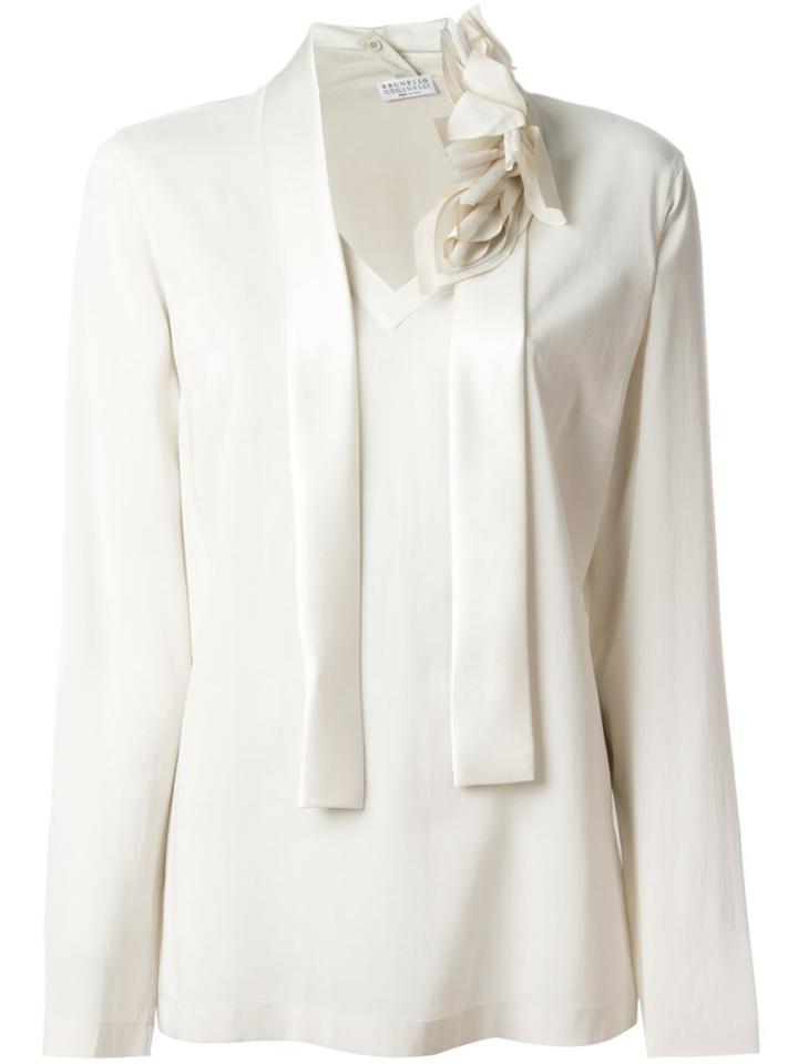 Brunello Cucinelli Floral Tie Collar V Neck Blouse, Women's, Size: L, Nude/neutrals, Silk/spandex/elastane/polyamide