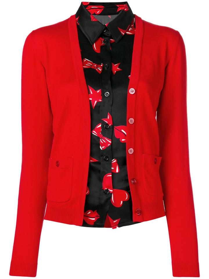 Moschino Layered Shirt Trim Cardigan, Women's, Size: 40, Red, Silk/cotton
