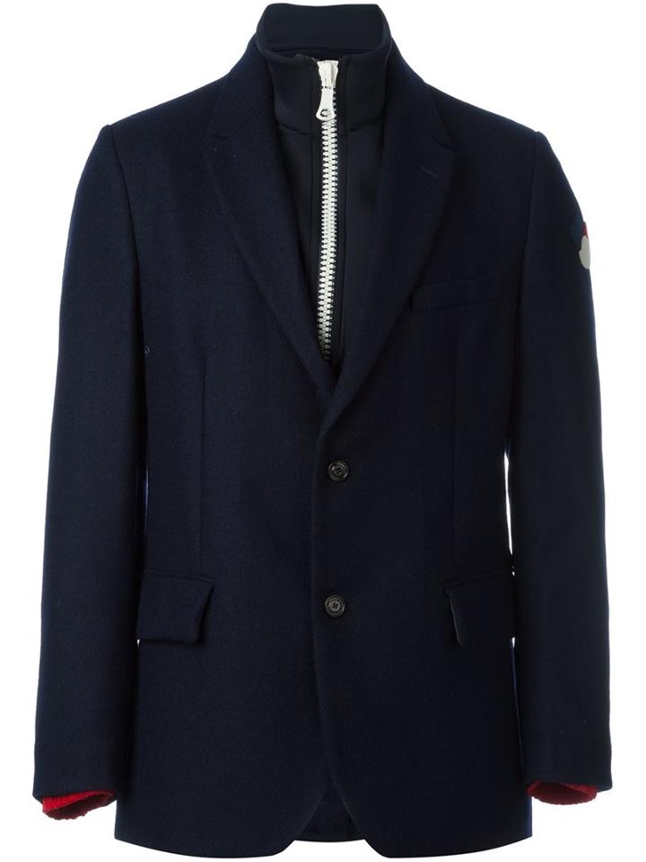 Moncler Buttoned Layer Effect Blazer, Men's, Size: 4, Blue, Wool/polyamide/polyester/feather Down