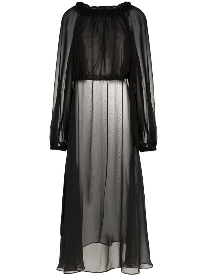Rotate Gathered Neck Sheer Chiffon Dress - Black