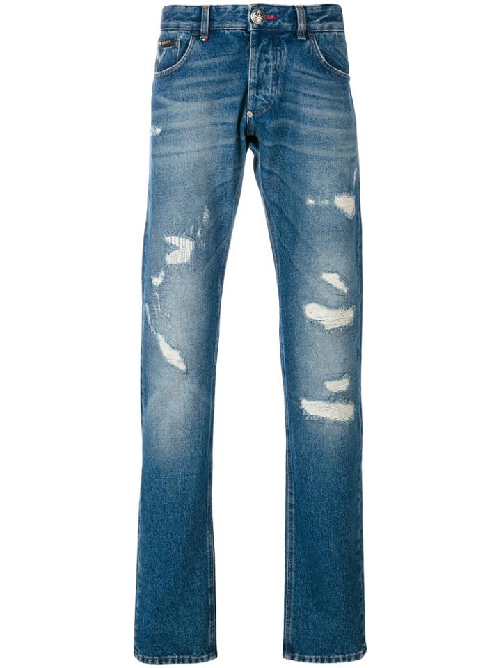 Philipp Plein Denim Ripped Straight Jeans - Blue