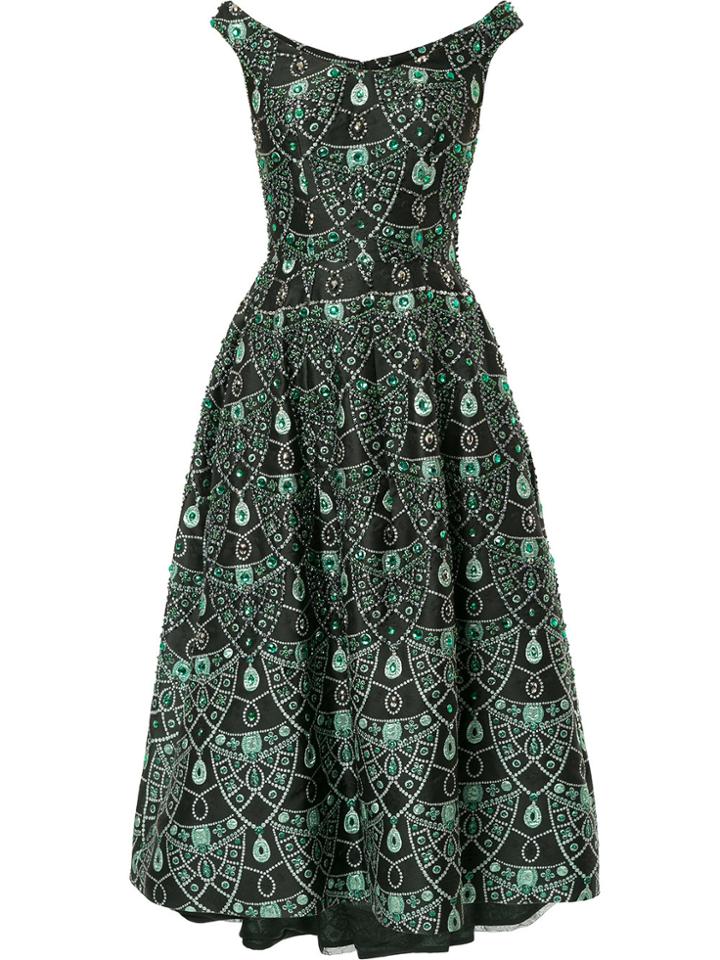 Isabel Sanchis Boatneck Brocade Jewelled Full Midi Dress - Black