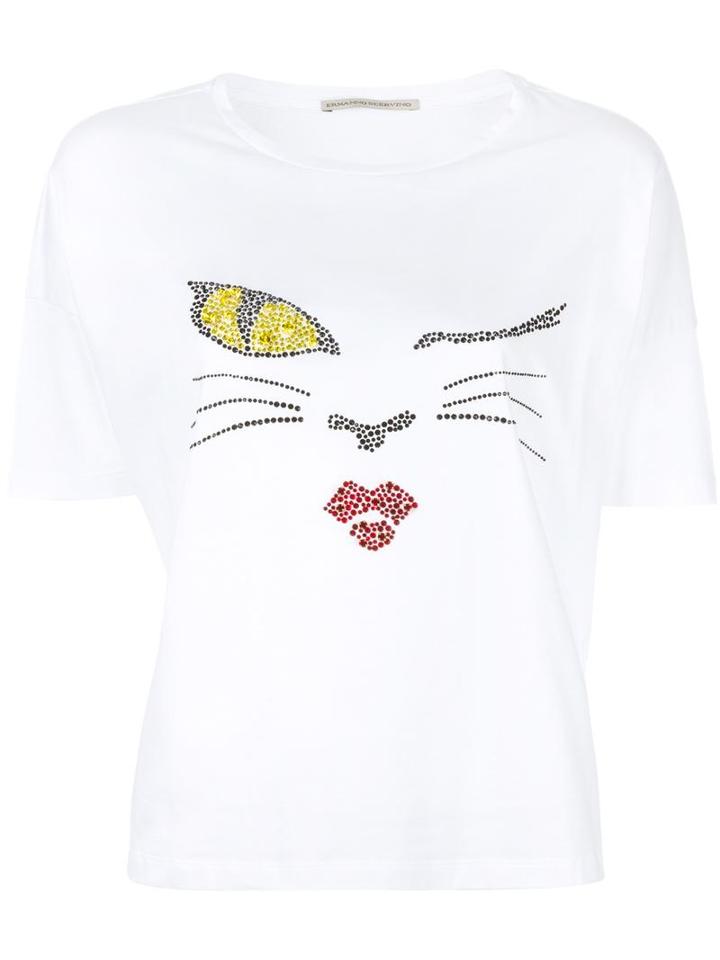 Ermanno Scervino Cat Motif T-shirt, Women's, Size: 42, White, Cotton/glass/brass