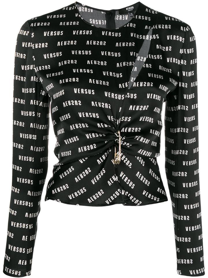 Versus Logo Print Gathered Blouse - Black