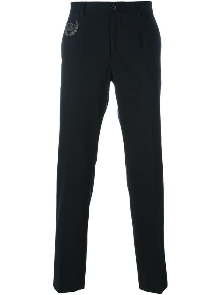 Dolce & Gabbana Embroidered Crown Trousers, Men's, Size: 52, Black, Cotton/viscose/copper/polyester