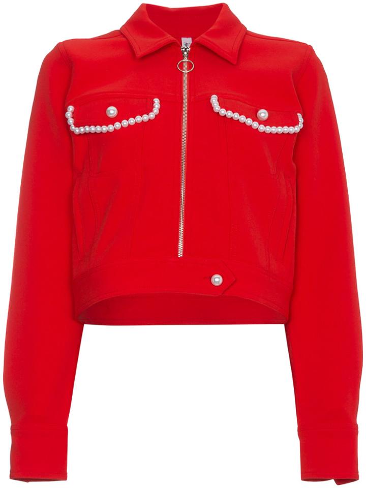 Adam Selman Faux Pearl Embellished Crop Jacket - Red