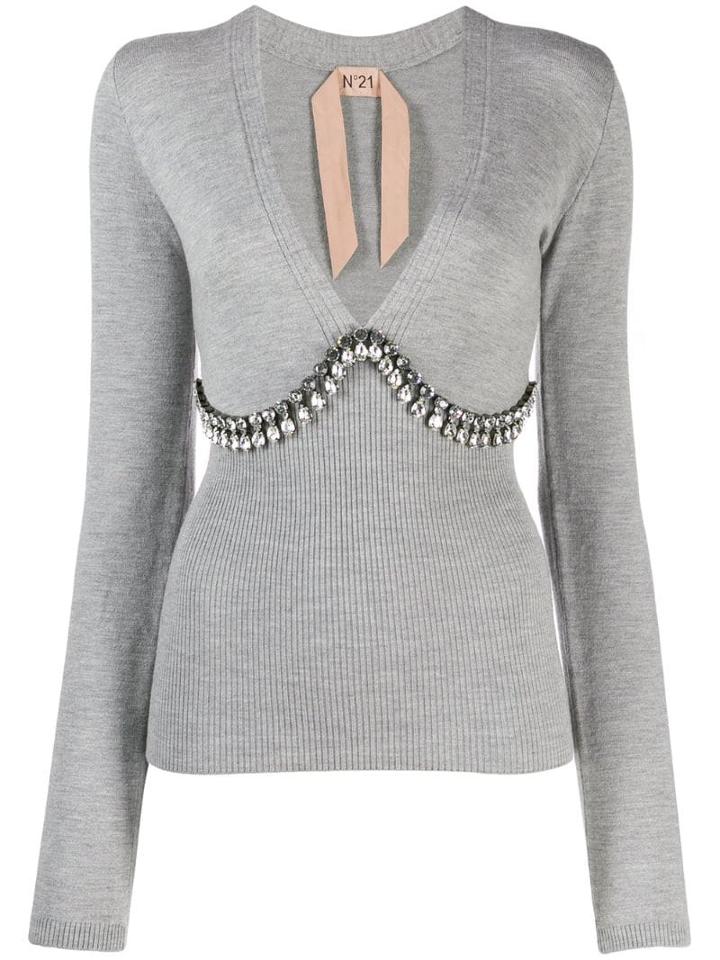 Nº21 Crystal Embellished V-neck Sweater - Grey