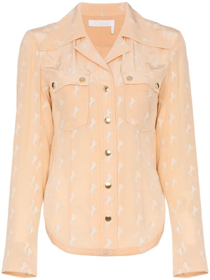 Chloé Horse Printed Double Pocket Silk Shirt - Pink