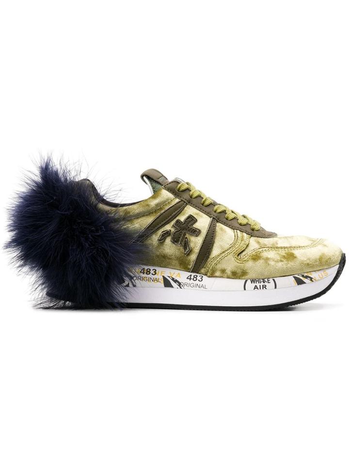 White Premiata Fur Embellished Printed Sneaker - Green