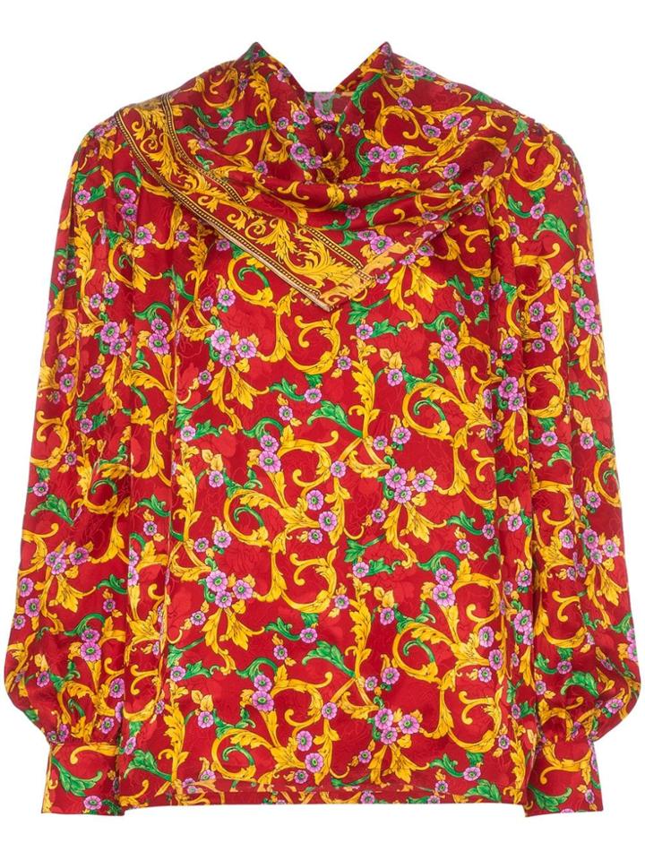 Pushbutton Floral Print Draped Silk Blouse - Red