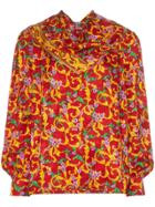 Pushbutton Floral Print Draped Silk Blouse - Red