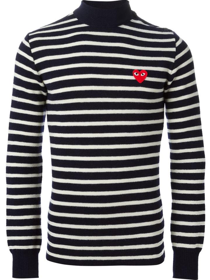 Comme Des Garçons Play Embroidered Heart Striped Sweater, Men's, Size: Large, Blue, Wood