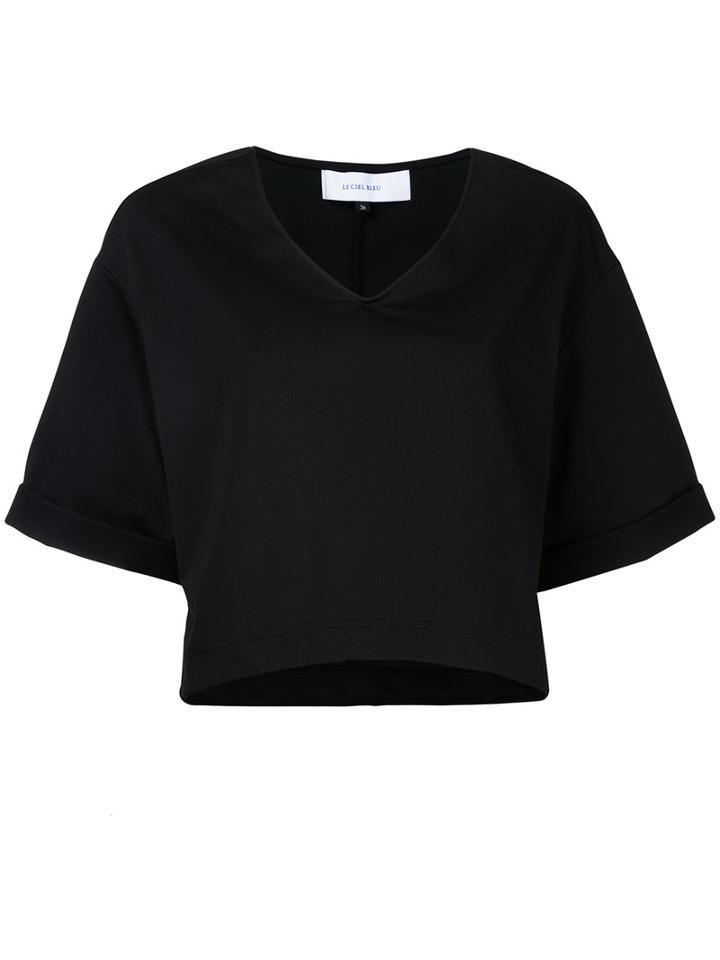 Le Ciel Bleu - Cropped V-neck Blouse - Women - Cotton/polyester - 36, Black, Cotton/polyester