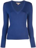 Michael Kors Collection Knit Fitted V-neck Sweater - Blue
