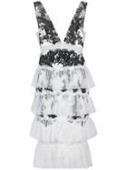 Marchesa Notte Ruffle Embroidered Cocktail Dress - White