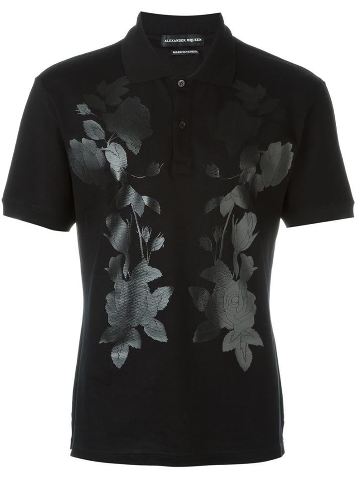 Alexander Mcqueen Floral Print Polo Shirt, Men's, Size: Xs, Black, Cotton