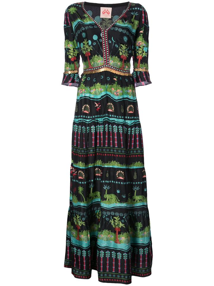 Le Sirenuse Coin Trim Printed Maxi Dress - Black