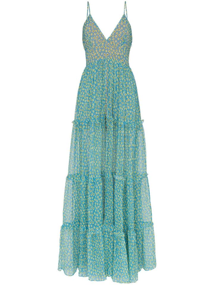 Amiri Layered Skirt Floral Print Silk Gown - Blue