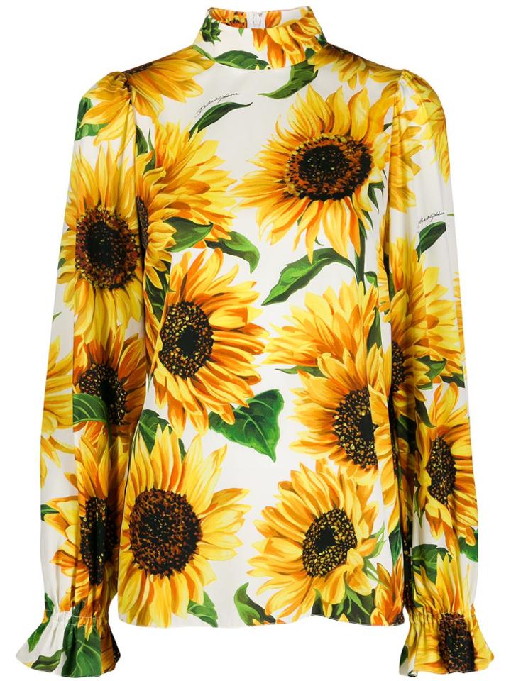 Dolce & Gabbana Sunflower Print High Neck Blouse - White