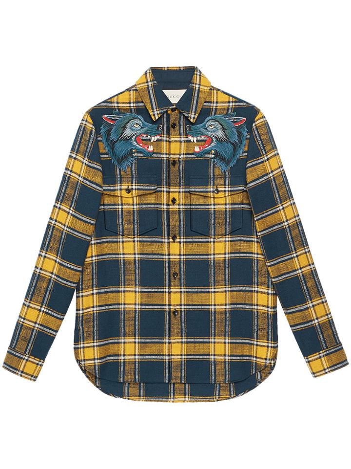 Gucci Plaid Shirt With Wolf Embroidery - Yellow & Orange