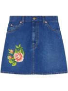 Gucci - Embroidered Denim Mini Skirt - Women - Cotton - 44, Blue, Cotton