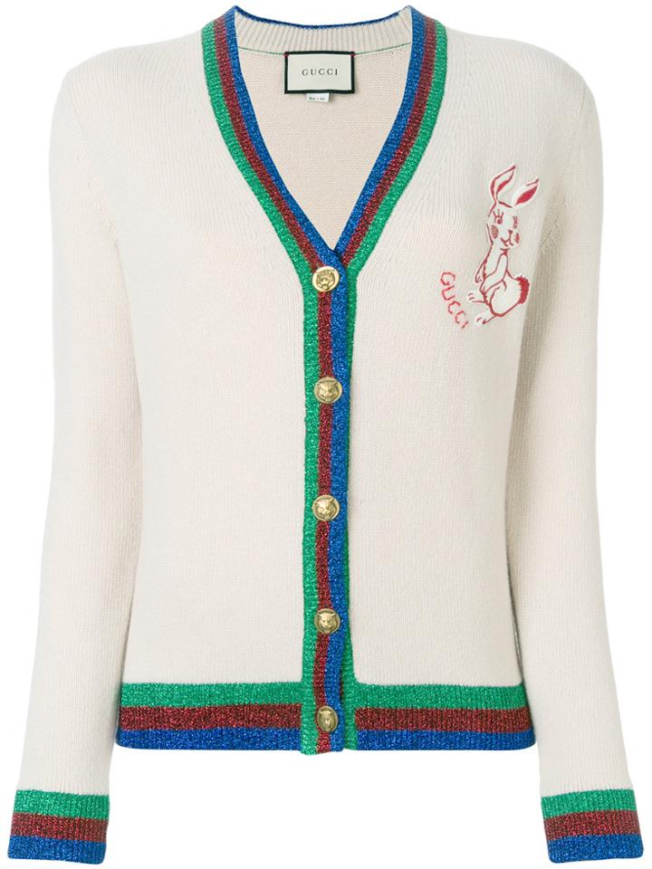 Gucci Metallic Tri-stripe Trim Knitted Cardigan - Nude & Neutrals