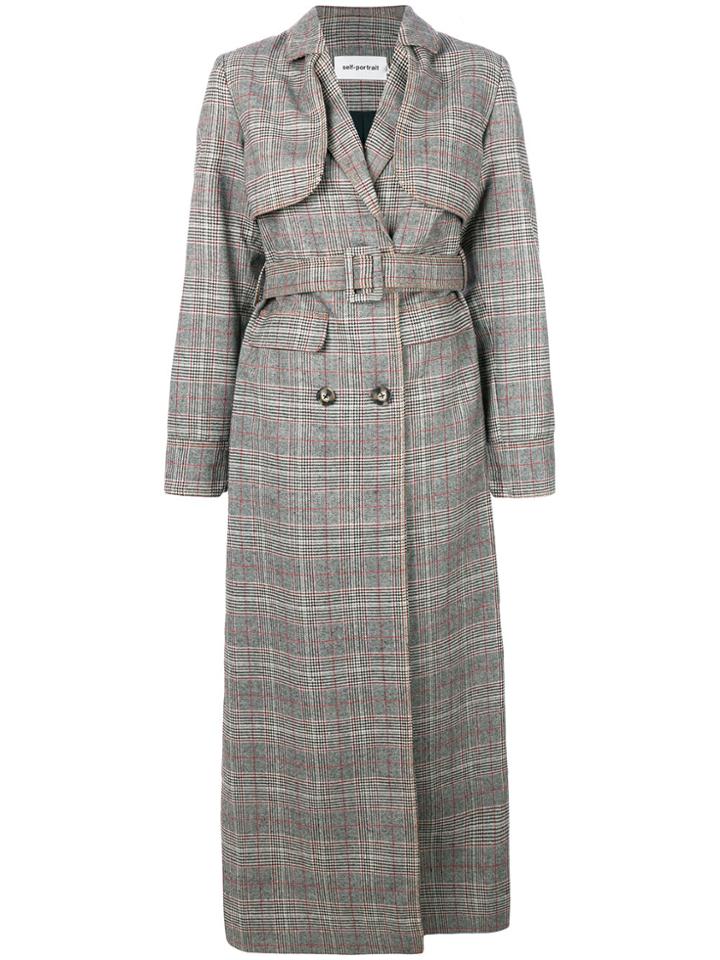Self-portrait Long Checked Trench - Black
