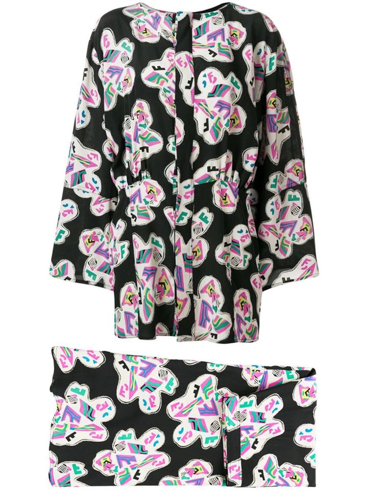 Fendi Vintage 1980's Abstract Print Skirt & Blouse - Black