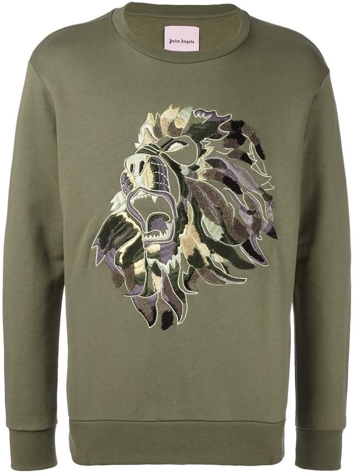 Palm Angels Embroidered Lion Sweatshirt, Men's, Size: Small, Green, Cotton/viscose/metal (other)