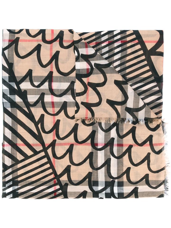 Burberry - House Check Line Detail Scarf - Women - Silk/wool - One Size, Brown, Silk/wool
