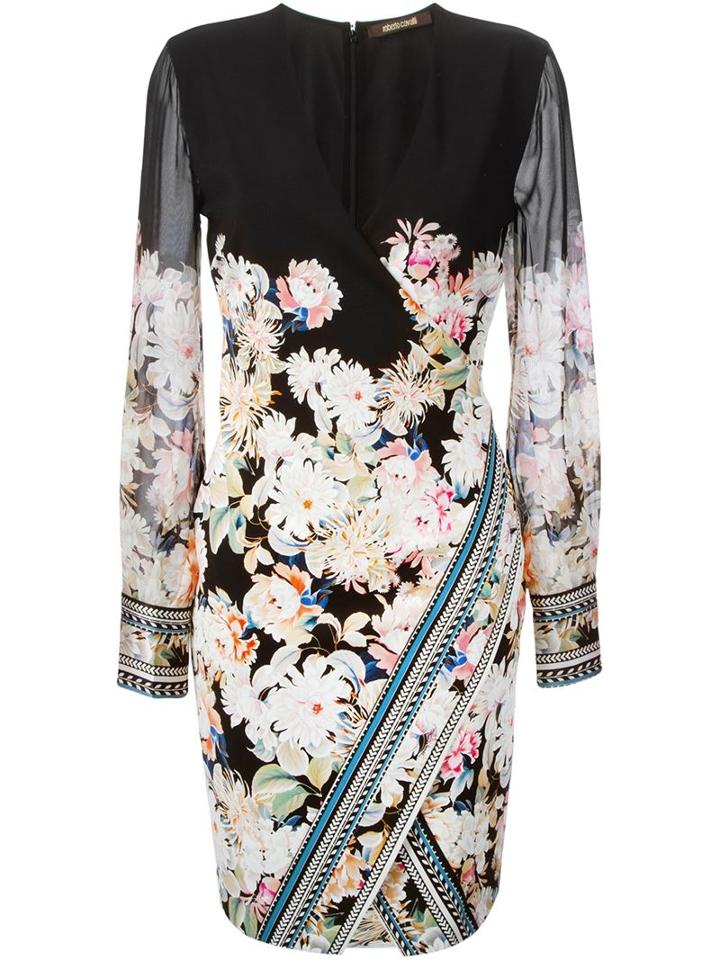 Roberto Cavalli Floral Wrap Dress, Women's, Size: 48, Black, Viscose/spandex/elastane