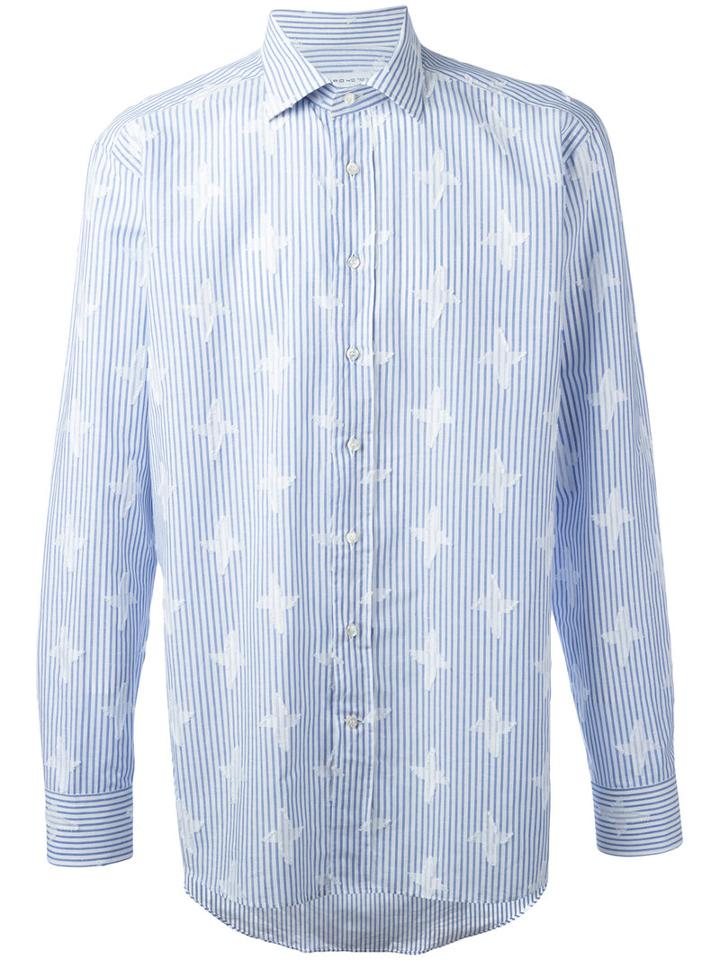 Etro Striped Embroidered Shirt, Men's, Size: 43, Blue, Cotton/linen/flax
