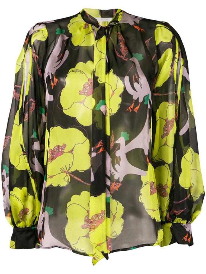 L'autre Chose Poppy Print Sheer Tie Neck Blouse - Black