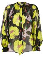 L'autre Chose Poppy Print Sheer Tie Neck Blouse - Black