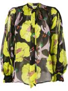 L'autre Chose Poppy Print Sheer Tie Neck Blouse - Black