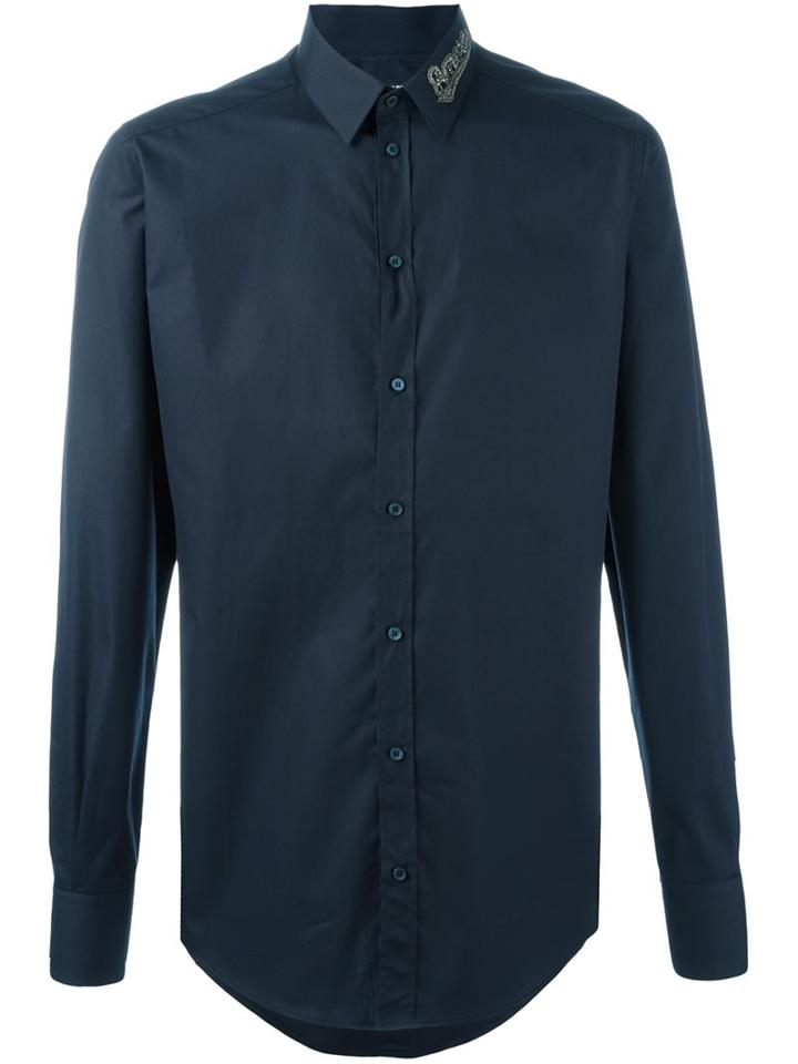 Dolce & Gabbana Embellished Collar Shirt, Men's, Size: 39, Blue, Cotton/copper/metallic Fibre/polyester