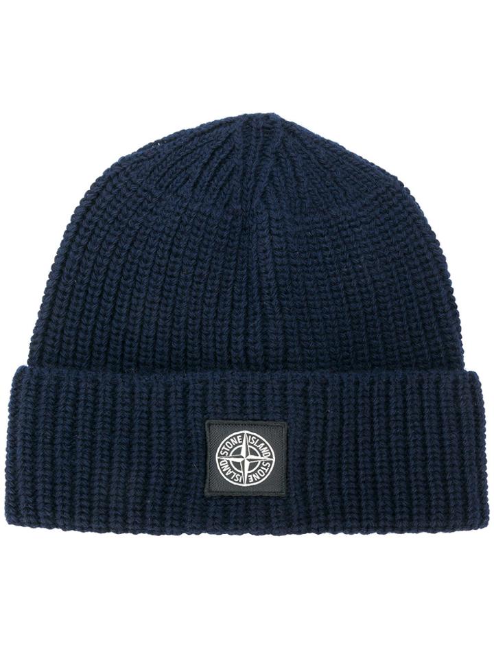 Stone Island Turned-up Ribbed Beanie - Blue