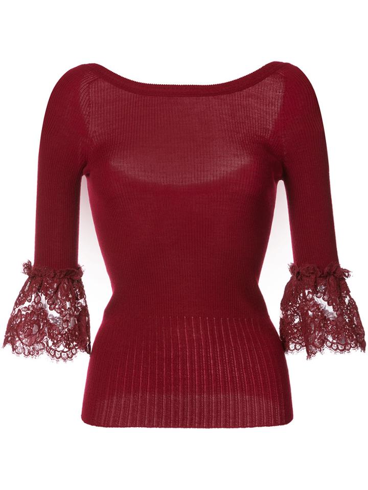 Oscar De La Renta Lace Detail Bell Sleeve Top - Red