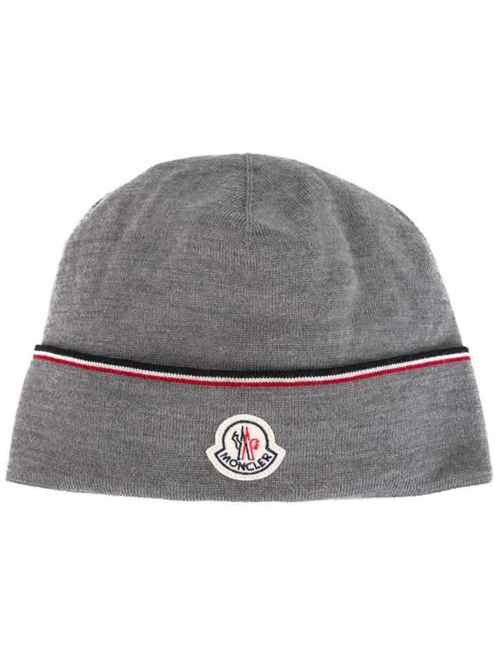 Moncler Contrasting Logo Beanie, Men's, Grey, Virgin Wool