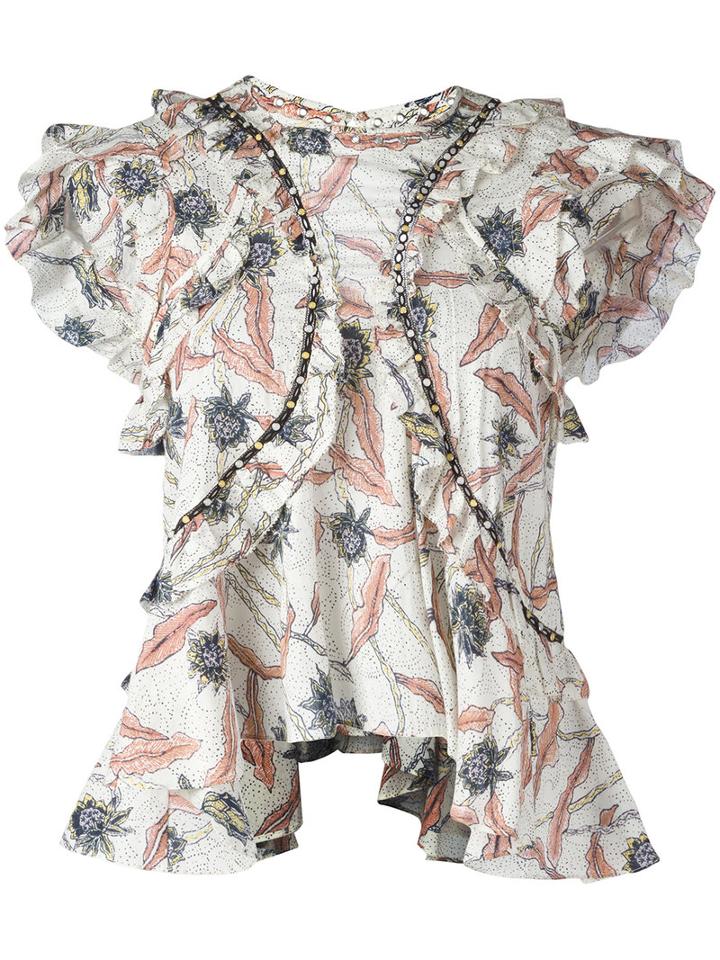 Isabel Marant - Ruffled Floral Print Top - Women - Cotton/acrylic/brass - 42, Yellow/orange, Cotton/acrylic/brass