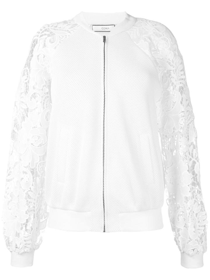 Co-mun - Lace Sleeve Bomber Jacket - Women - Cotton/polyester - 42, White, Cotton/polyester